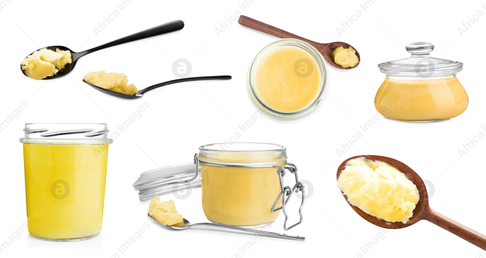 Image of Set with tasty ghee butter on white background