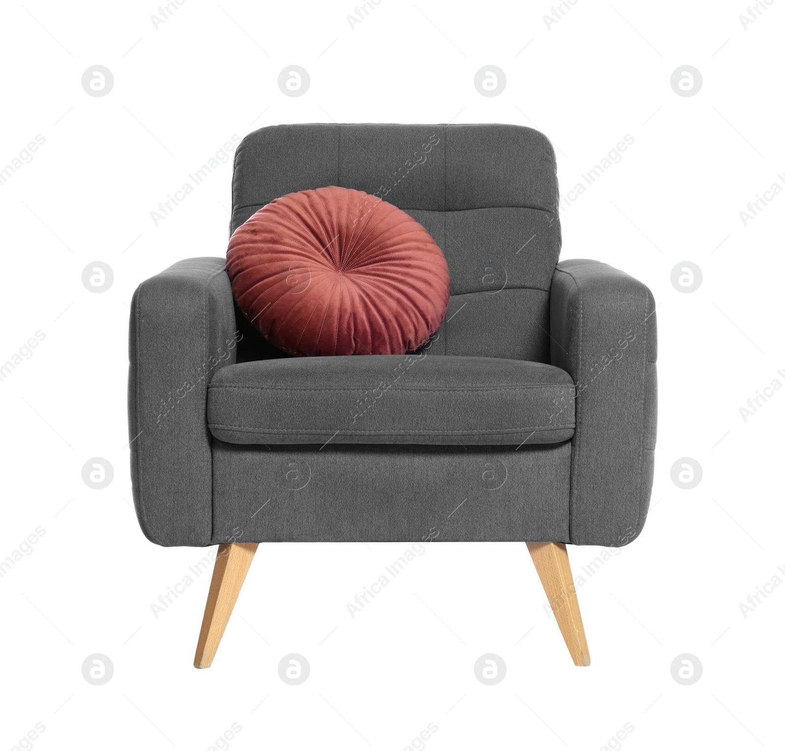 Photo of One grey armchair with pillow isolated on white