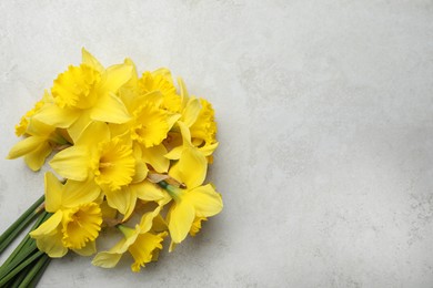 Beautiful daffodil bouquet on light grey table, top view. Space for text
