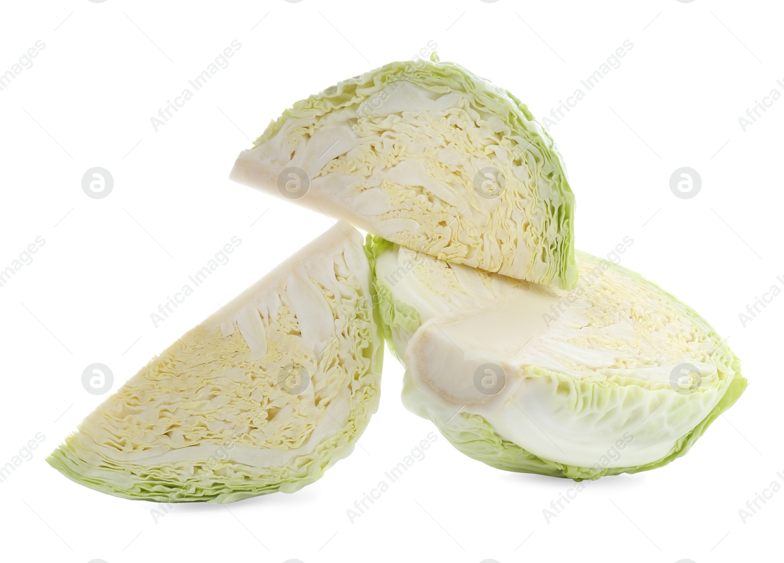 Photo of Pieces of fresh cabbage on white background