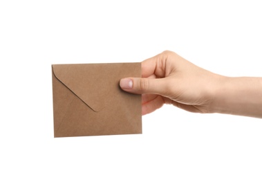 Woman holding brown paper envelope on white background, closeup