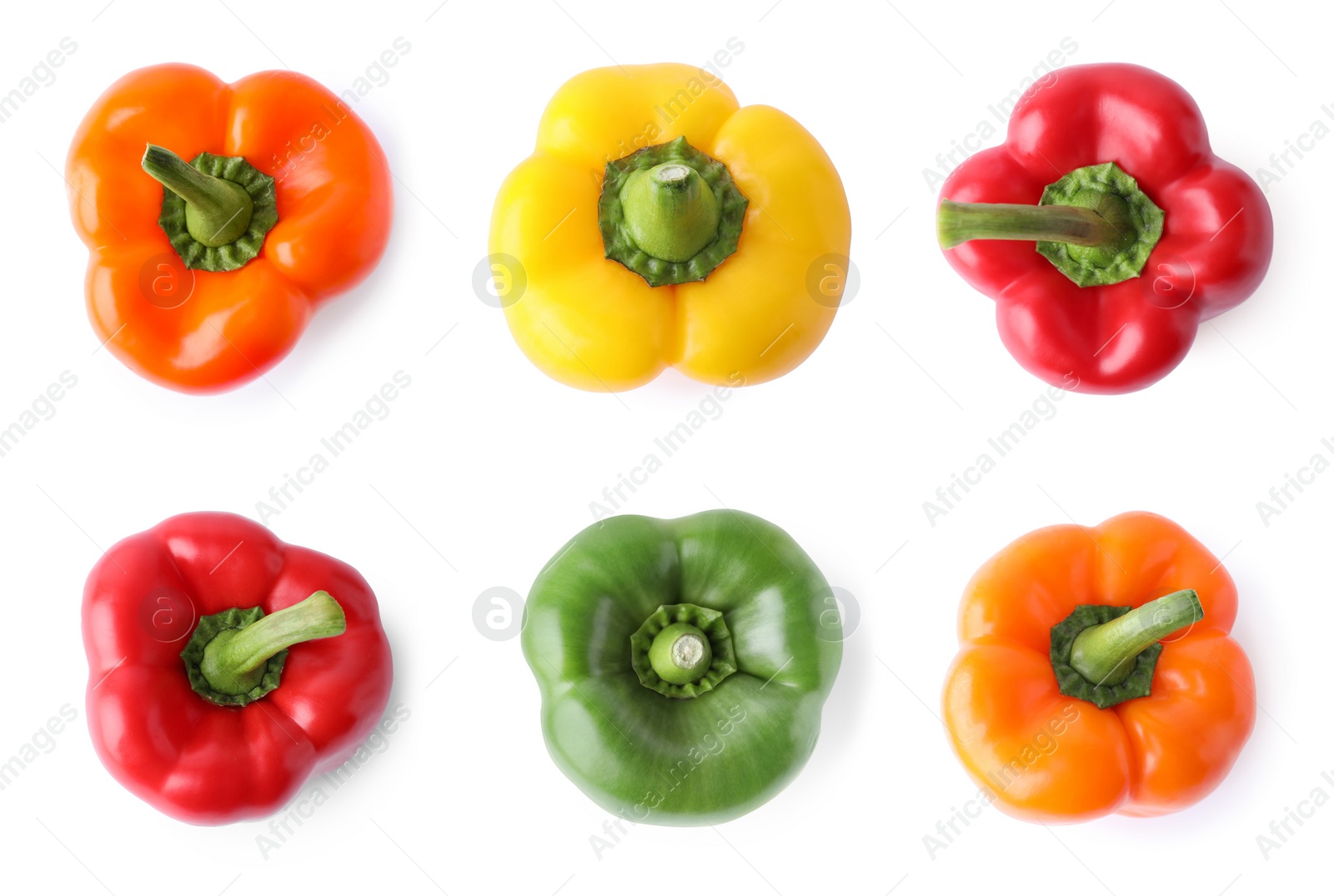 Image of Set of different ripe bell peppers on white background, top view