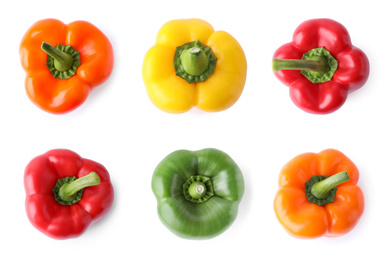 Image of Set of different ripe bell peppers on white background, top view