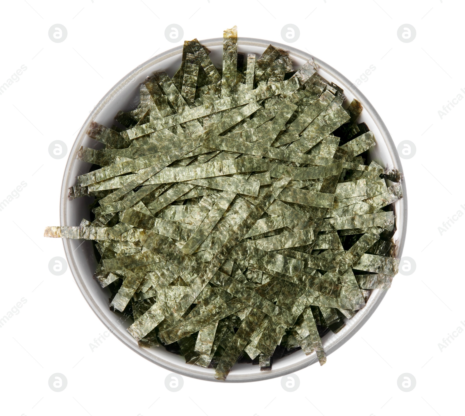 Photo of Bowl with chopped crispy nori sheets isolated on white, top view