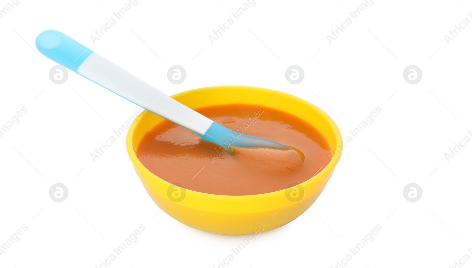 Photo of Healthy baby food in bowl on white background