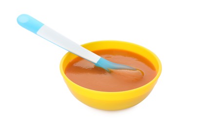 Photo of Healthy baby food in bowl on white background