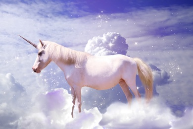 Image of Magic unicorn in fantastic starry sky with fluffy clouds