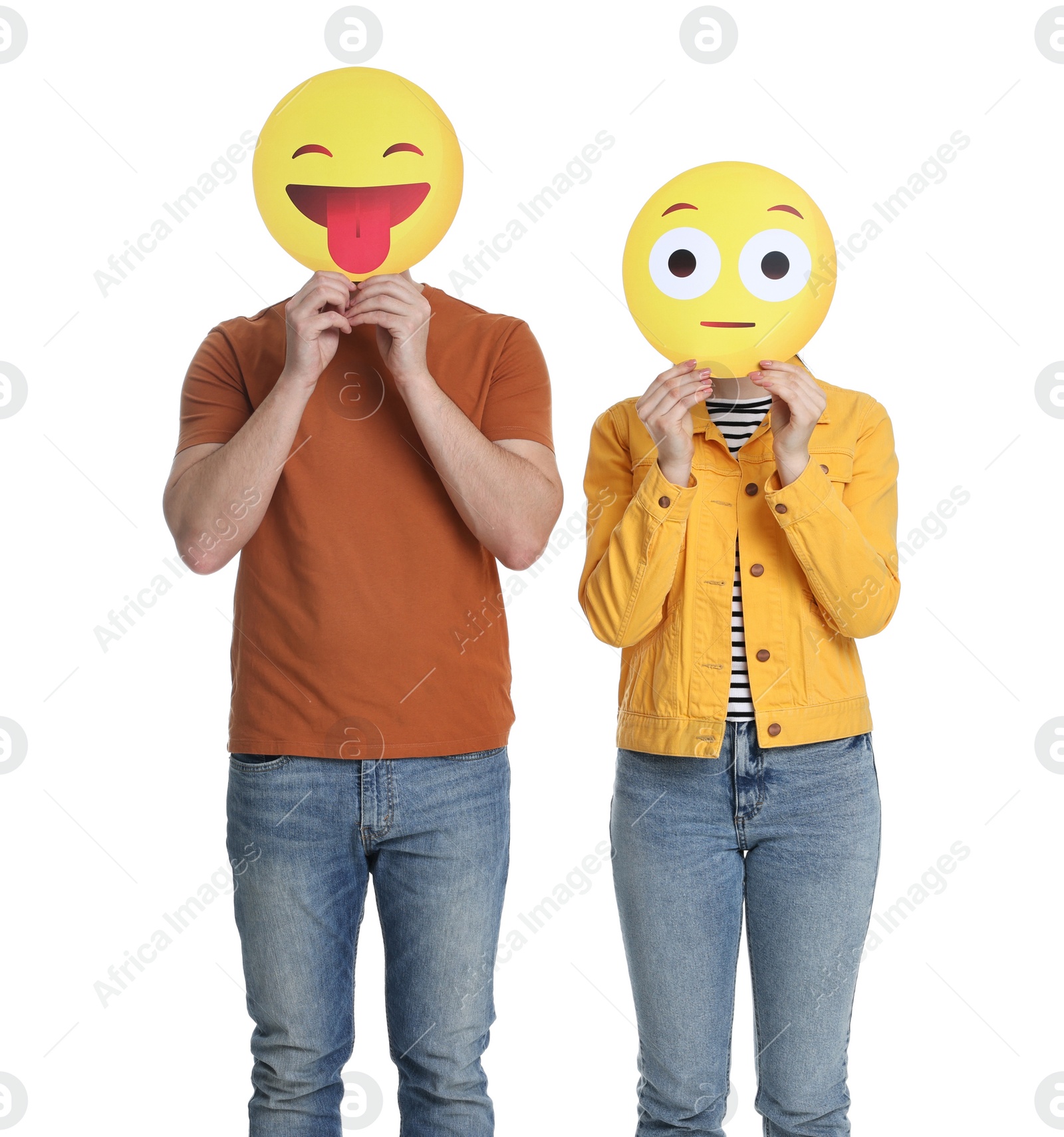 Photo of People covering faces with emoticons on white background