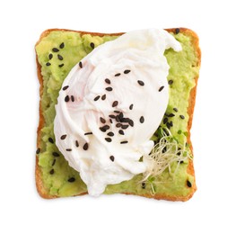 Photo of Delicious toast with avocado cream, poached egg and black sesame seeds isolated on white, top view