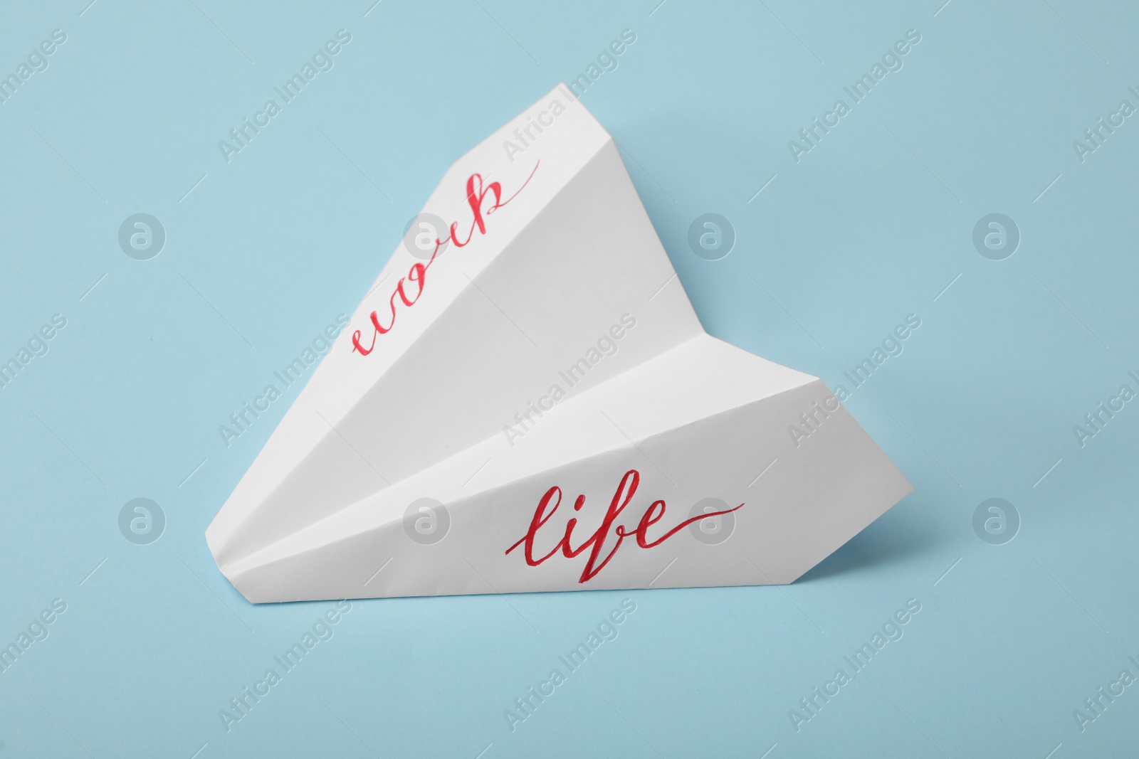 Photo of Paper plane with words Work and Life on light blue background. Balance concept