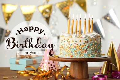 Happy Birthday! Beautiful cake with burning candles and decor on wooden table