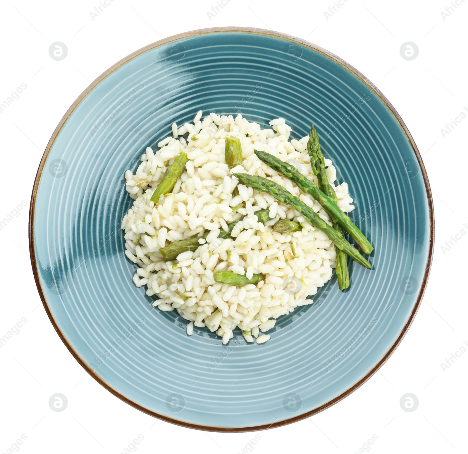 Photo of Delicious risotto with asparagus isolated on white, top view