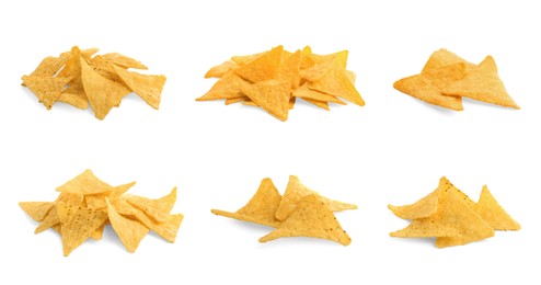 Set with tasty tortilla chips (nachos) on white background. Banner design