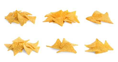 Image of Set with tasty tortilla chips (nachos) on white background. Banner design