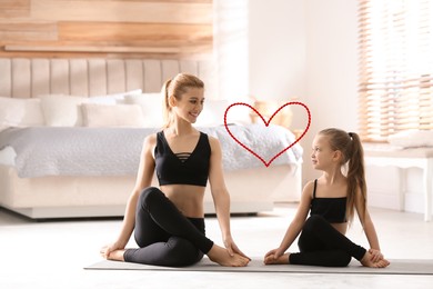 Image of Illustration of red heart and mother and daughter doing yoga together at home