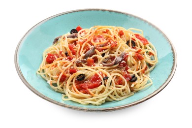Photo of Plate of delicious pasta with anchovies, tomatoes and parmesan cheese isolated on white
