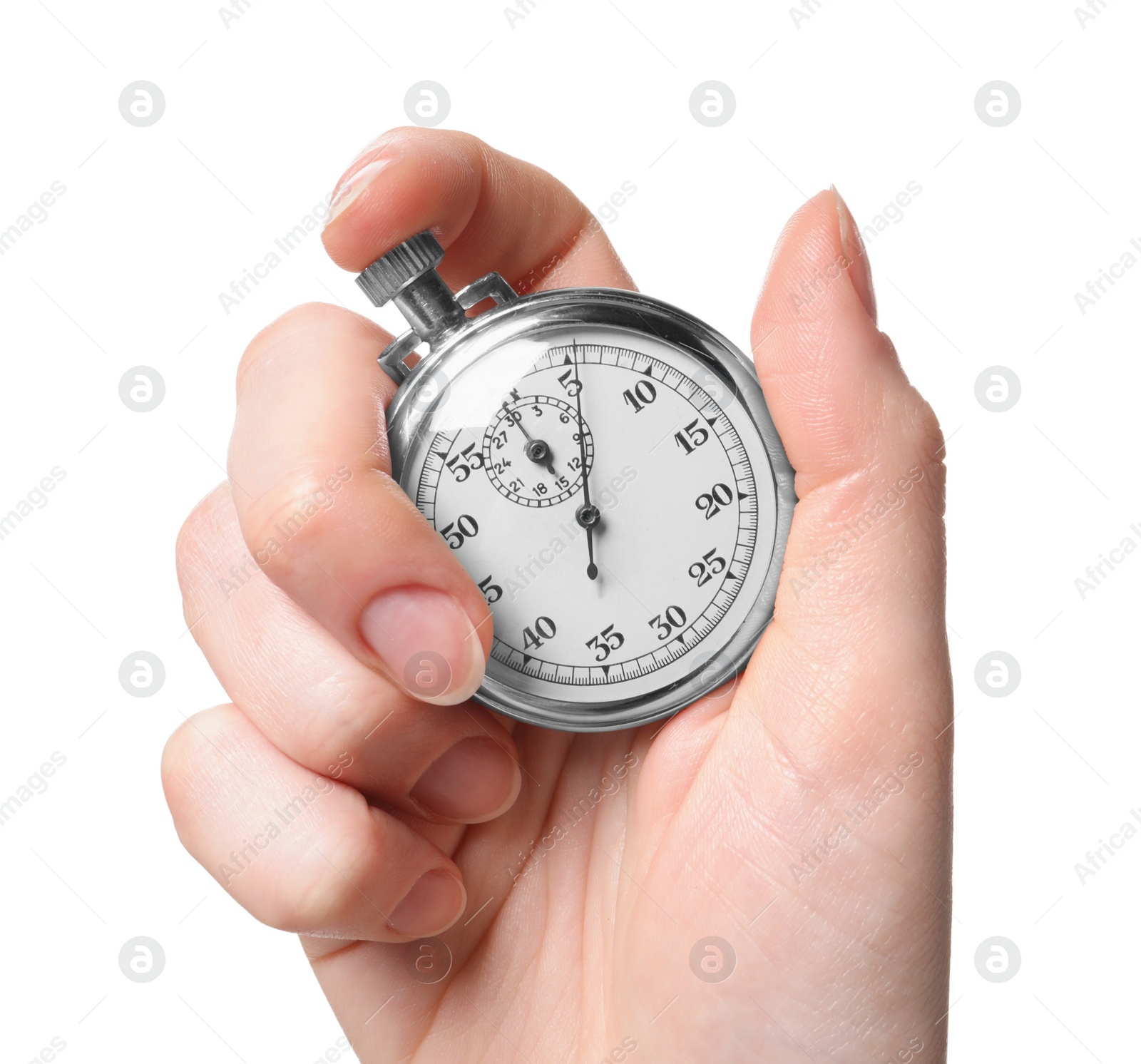 Photo of Woman holding vintage timer on white background, closeup