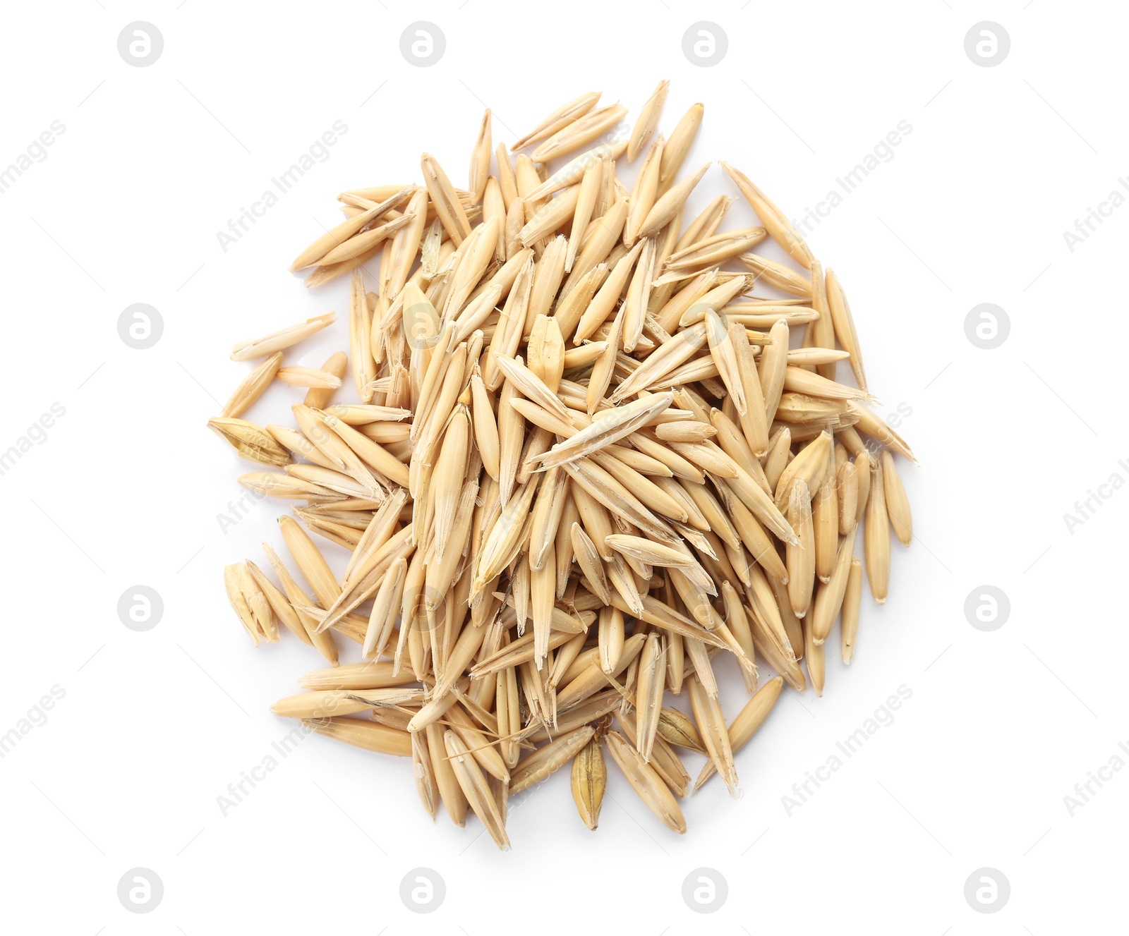 Photo of Raw oats on white background. Healthy grains and cereals