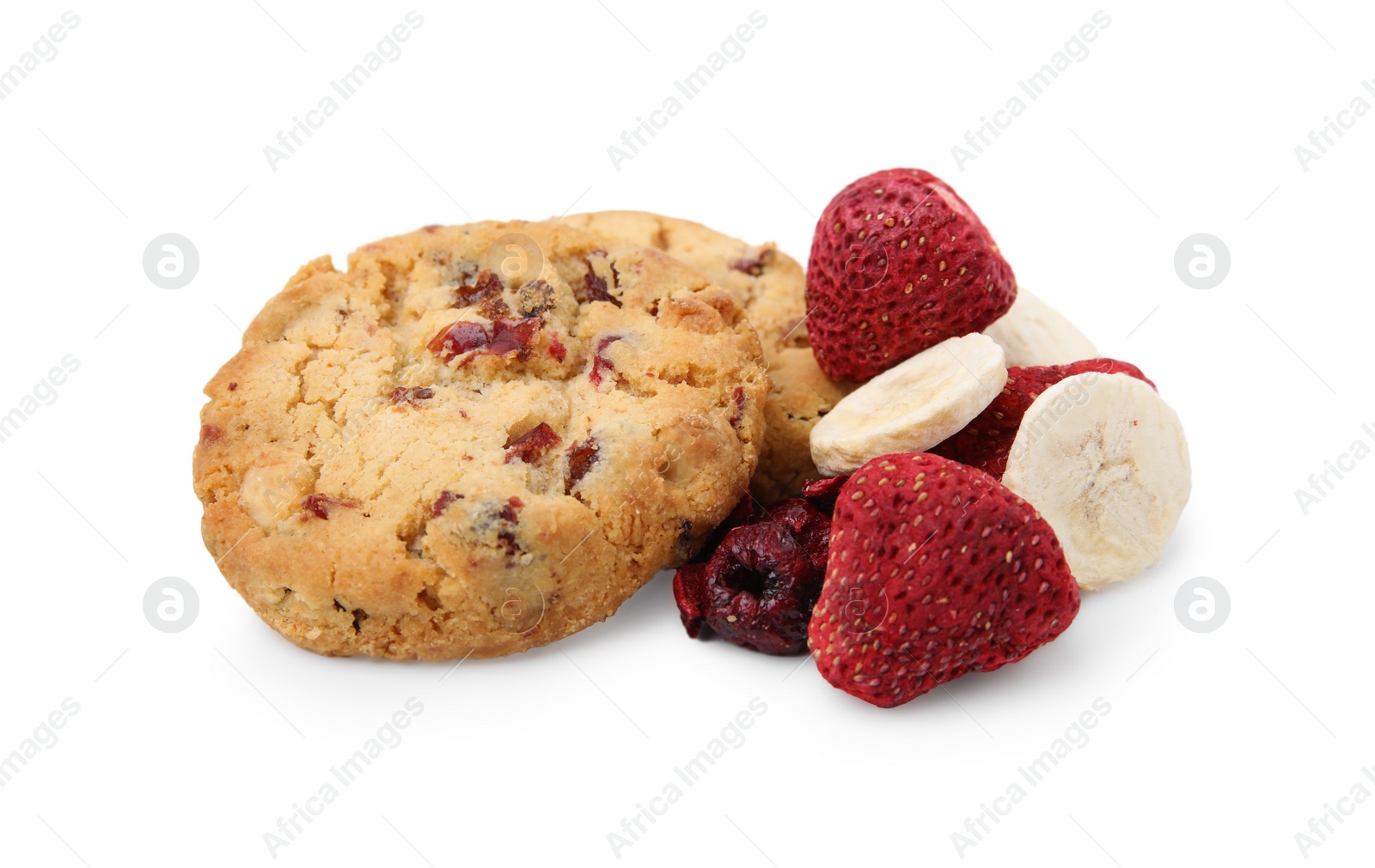 Cookies and freeze dried fruits isolated on white Photo of Cookies and freeze dried fruits isolated on white