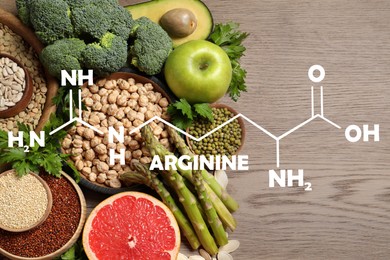 Fresh vegetables, fruits and seeds on wooden table, flat lay. Sources of essential amino acids