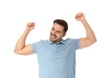 Portrait of emotional handsome man on white background