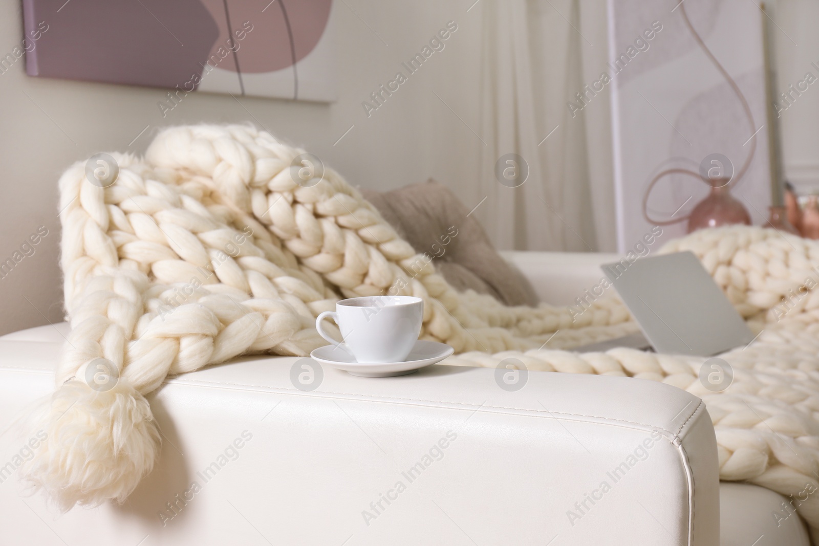 Photo of Soft knitted blanket and modern laptop on couch in living room. Interior element