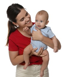 Photo of Beautiful mother with her cute baby on white background