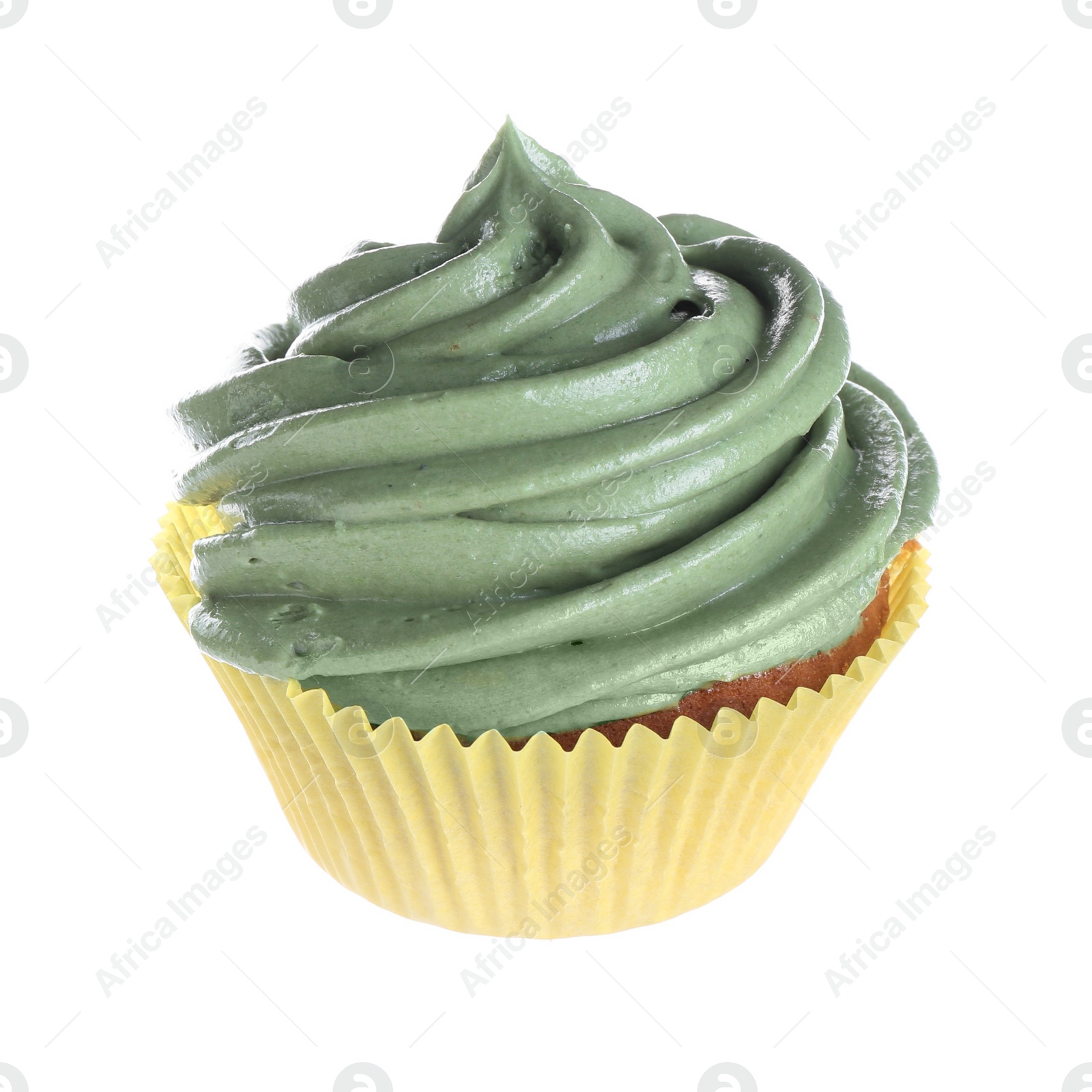 Photo of Delicious cupcake with green cream isolated on white