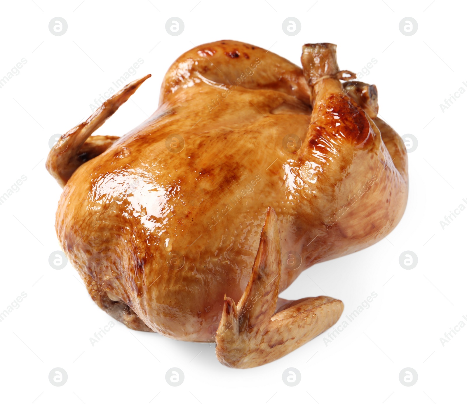 Photo of One tasty roasted chicken isolated on white
