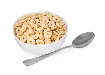 Photo of Tasty cereal rings in bowl and spoon isolated on white