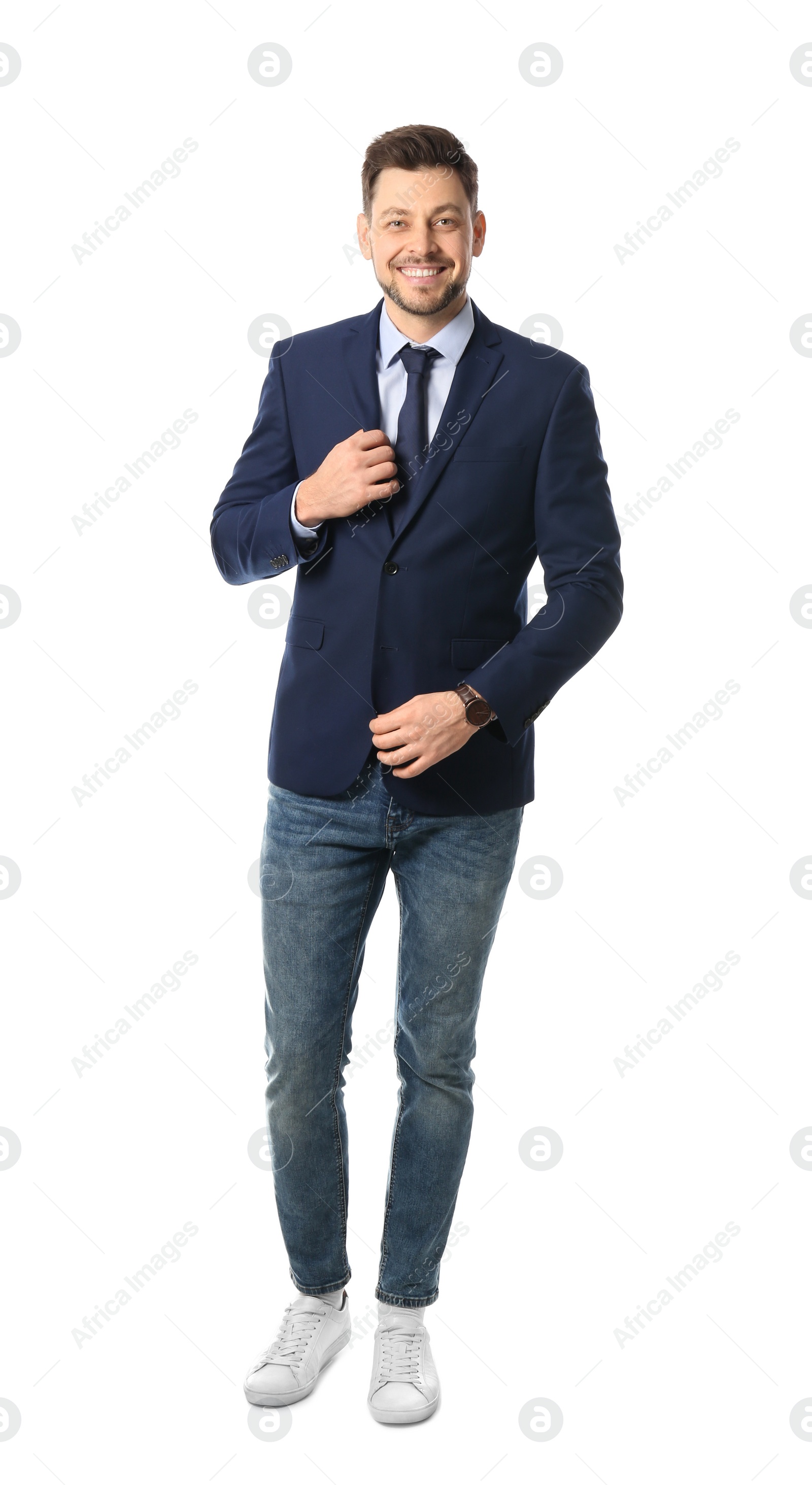 Photo of Full length portrait of businessman posing on white background