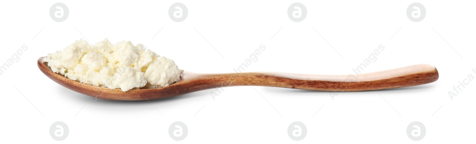 Photo of Delicious fresh cottage cheese in spoon isolated on white