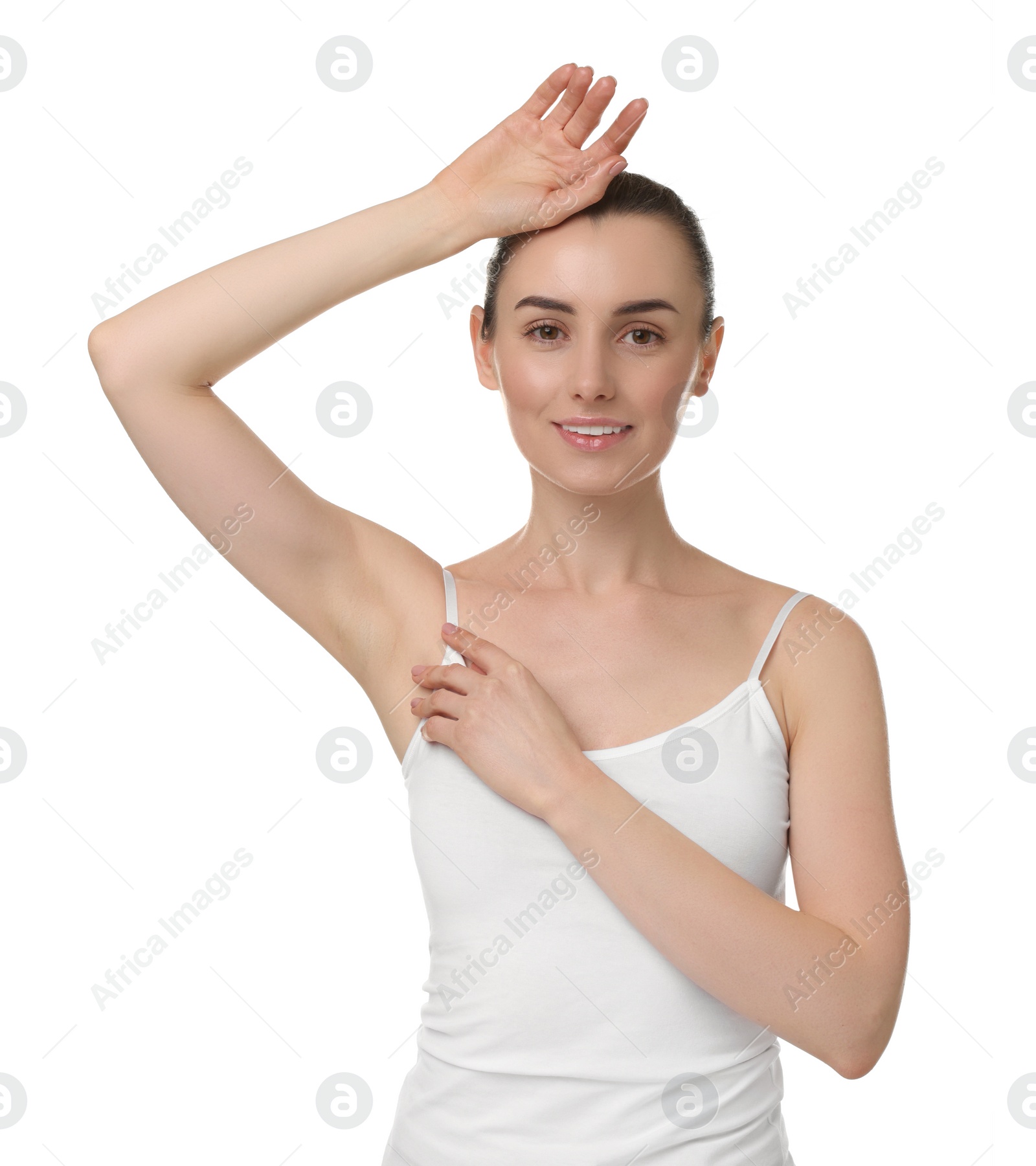 Photo of Beautiful woman showing armpit with smooth clean skin on white background