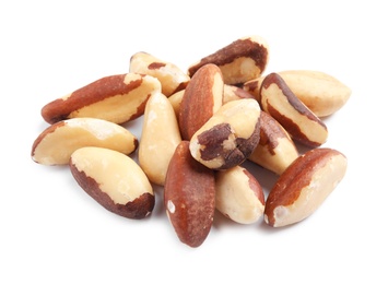 Photo of Delicious Brazil nuts on white background. Healthy snack