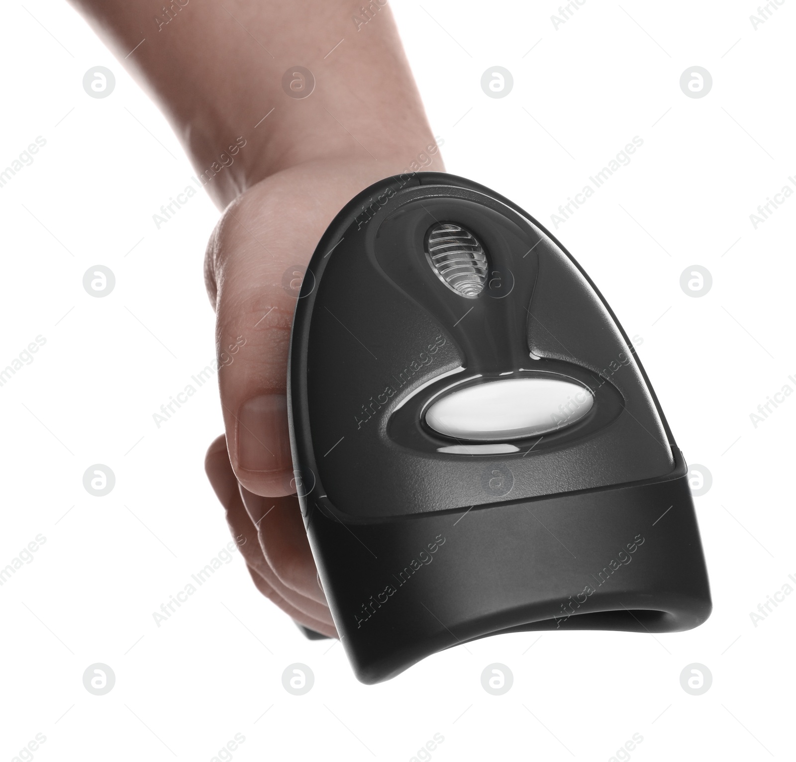 Photo of Man with barcode scanner on white background, closeup