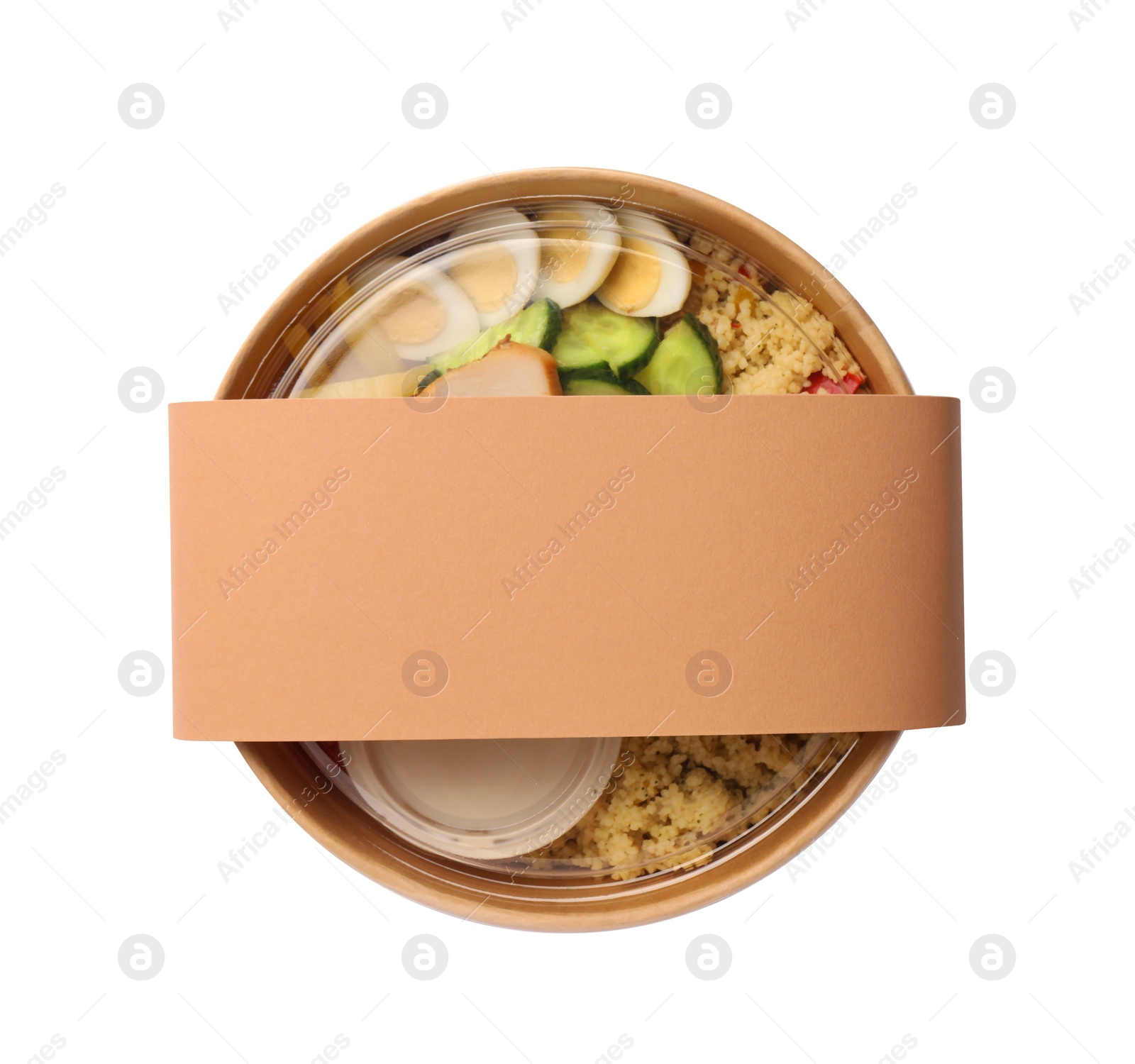 Photo of Tasty food in container isolated on white, top view