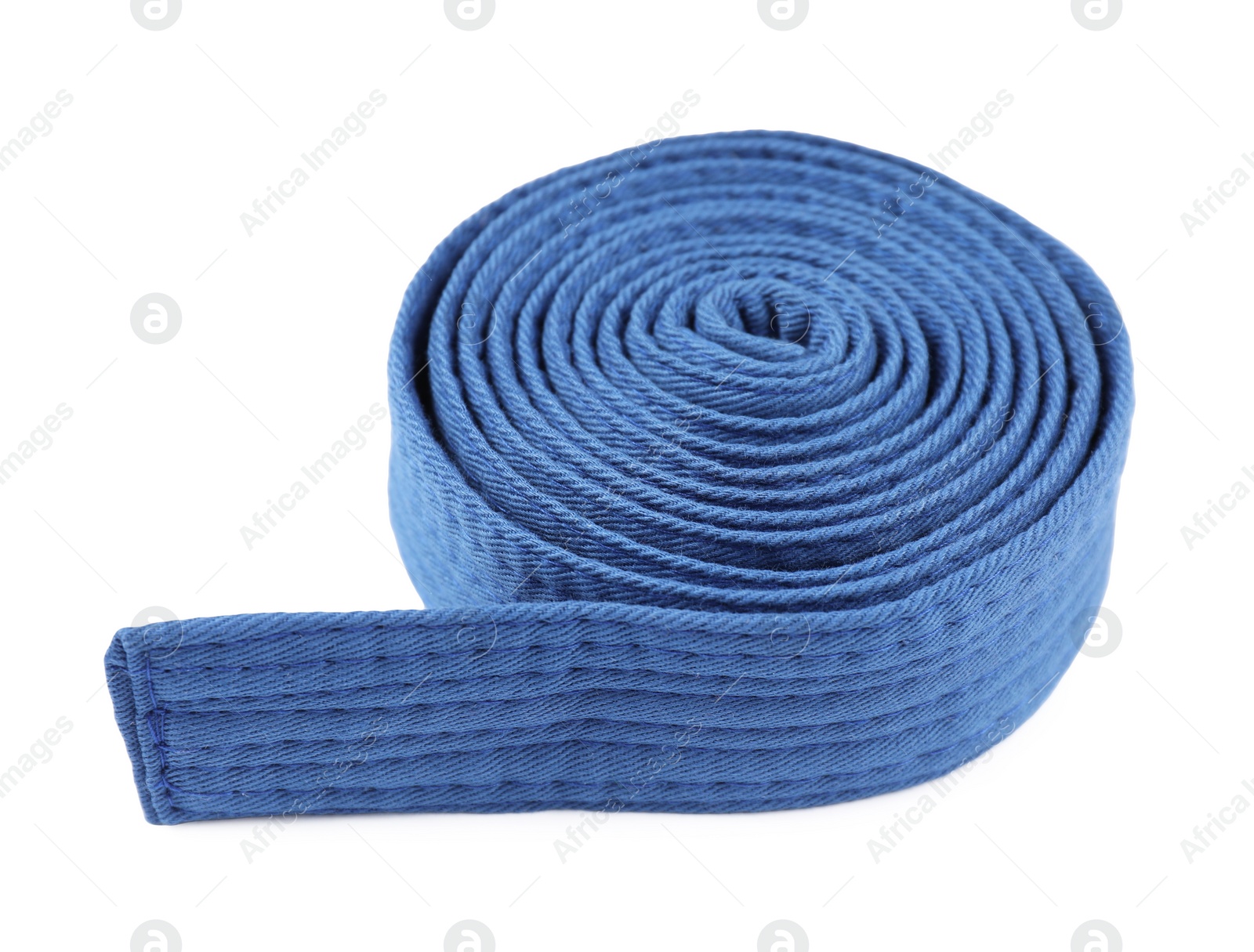 Photo of Blue karate belt isolated on white. Martial arts uniform