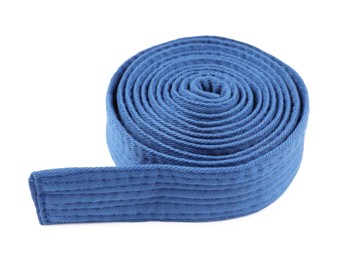 Photo of Blue karate belt isolated on white. Martial arts uniform