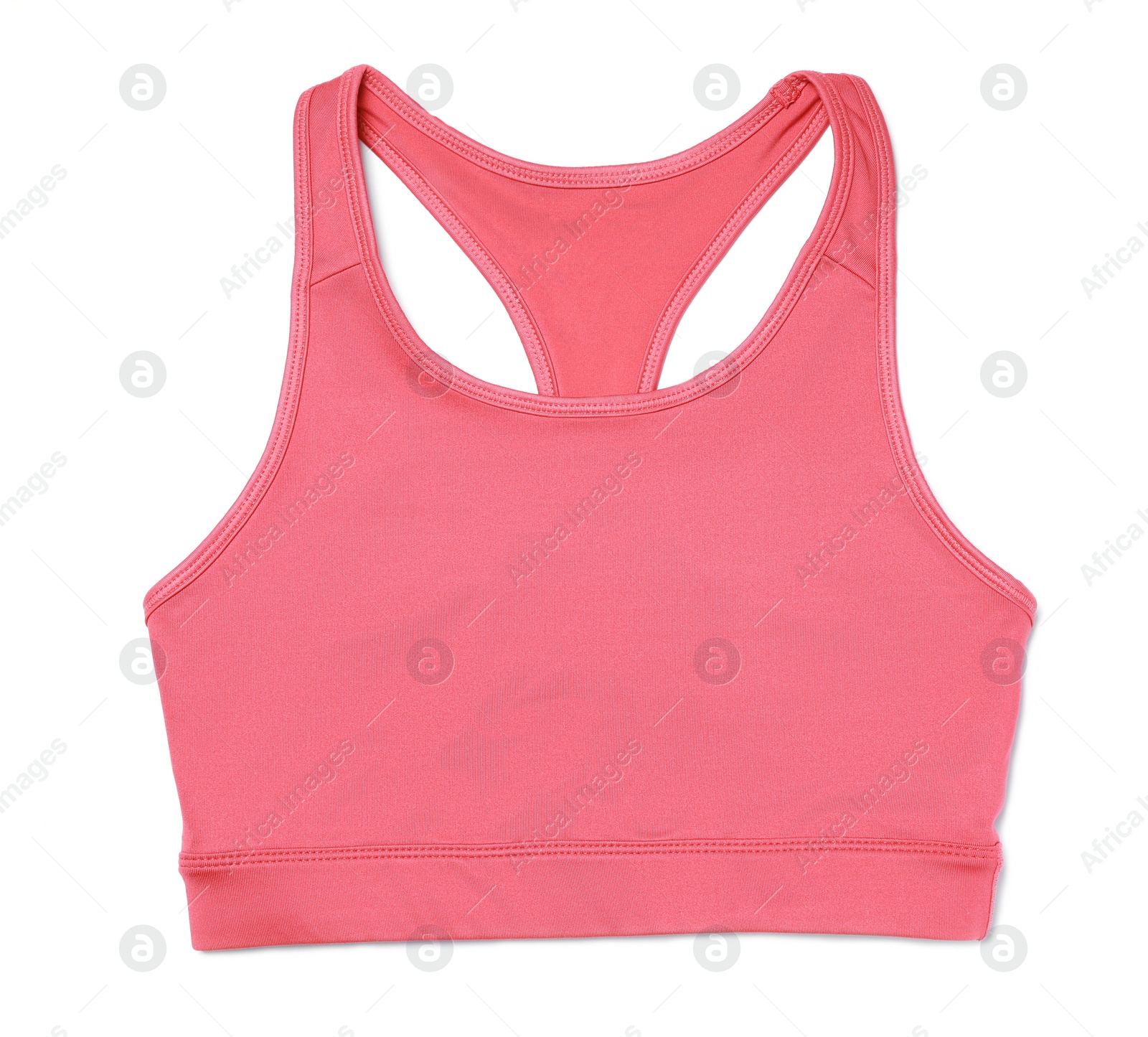 Photo of Pink sports bra isolated on white, top view. Comfortable wear