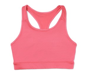 Photo of Pink sports bra isolated on white, top view. Comfortable wear