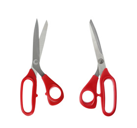 Image of Sharp sewing scissors on white background, top view