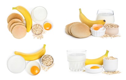 Image of Set with tasty oatmeal pancakes and different ingredients on white background