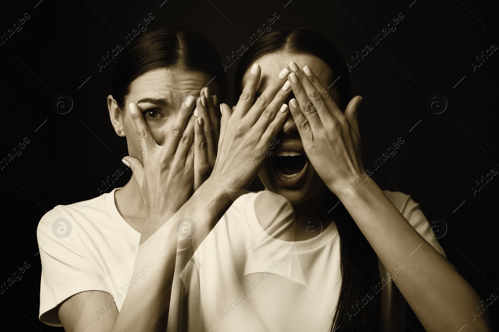 Image of Suffering from hallucinations. Double exposure with photos of woman on black background, color toned