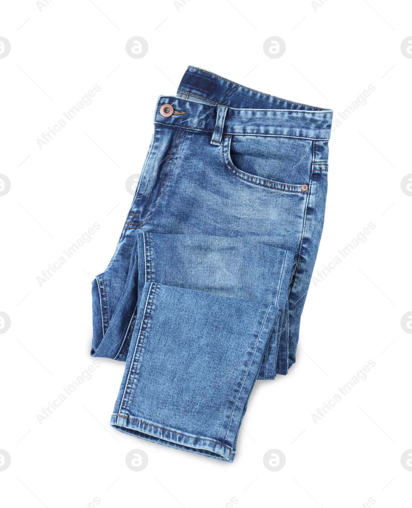 Photo of New stylish jeans isolated on white, top view