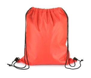 Photo of One red drawstring bag isolated on white