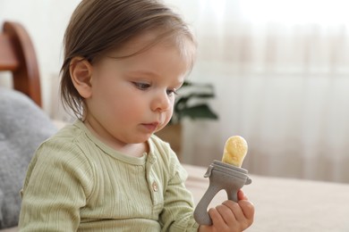 Photo of Cute baby girl with nibbler at home