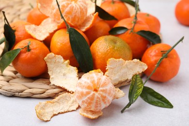 Many fresh ripe tangerines and leaves on white table