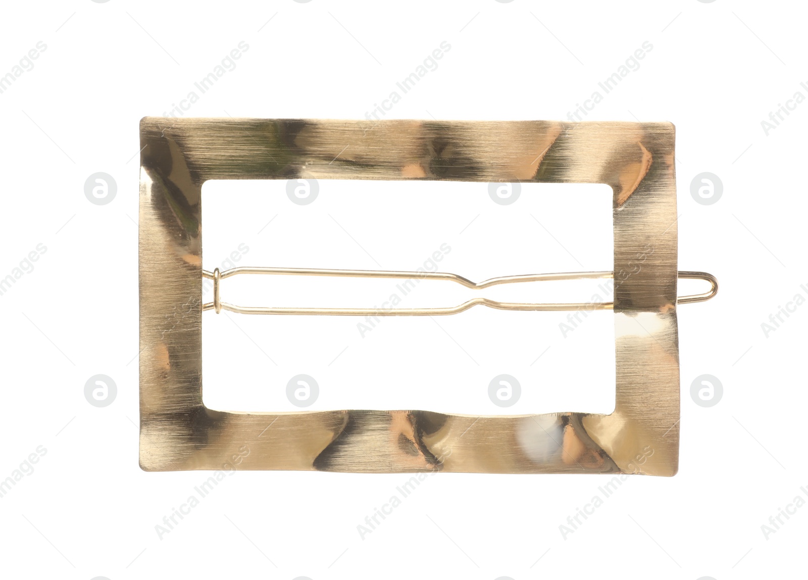 Photo of Stylish gold hair clip isolated on white, top view