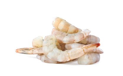 Photo of Pile of fresh raw shrimps isolated on white