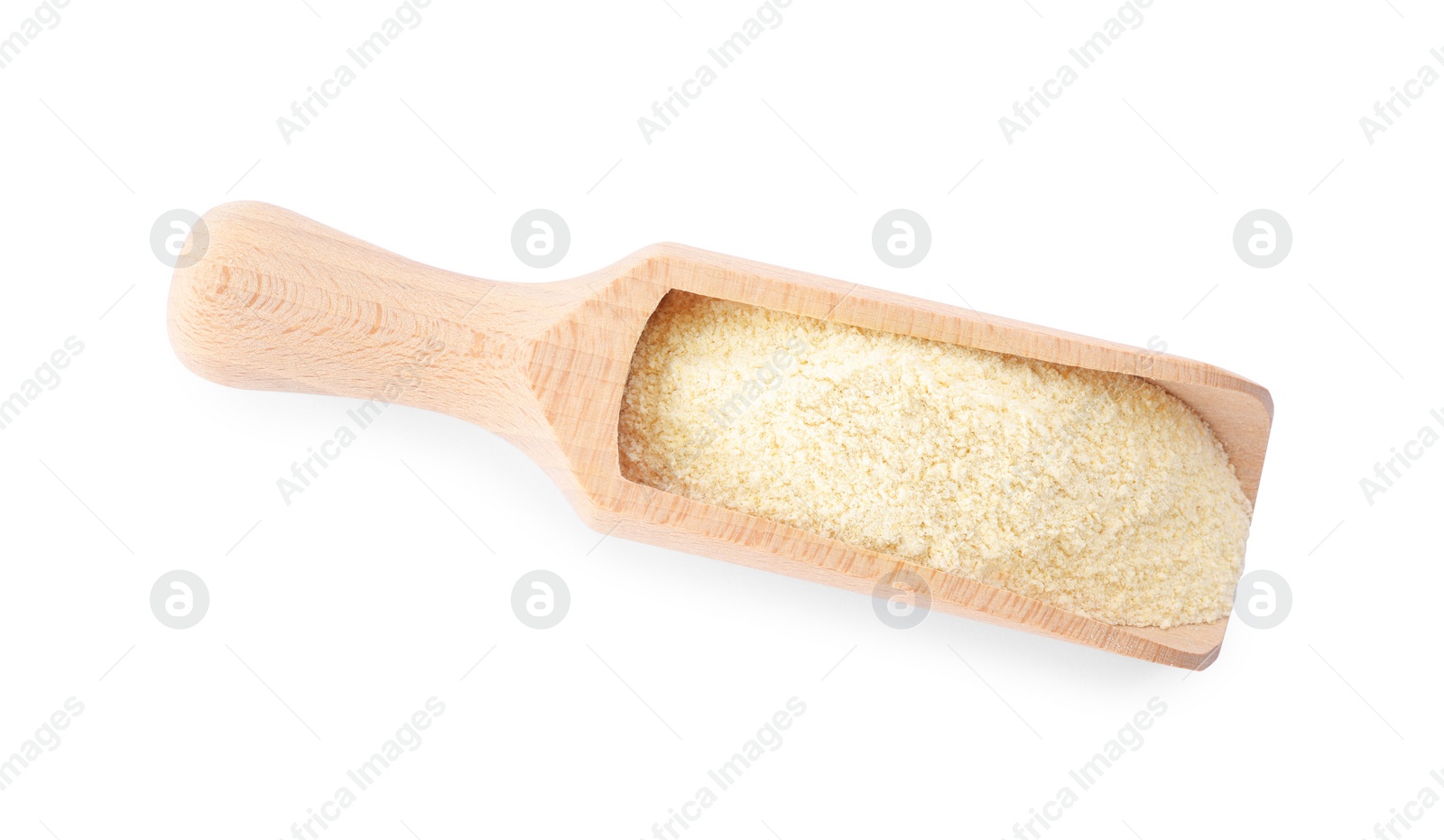 Photo of Wooden scoop with fresh quinoa flour on white background, top view